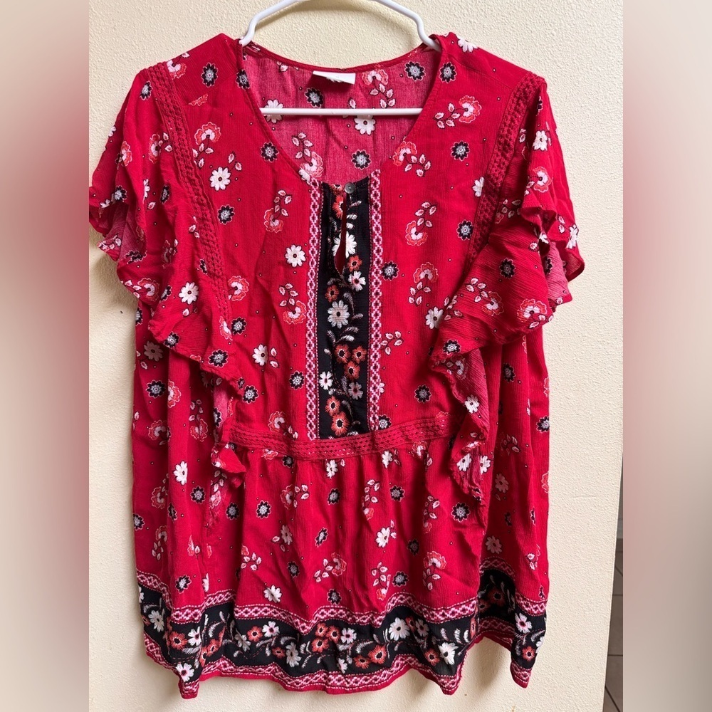J. Jill Red Floral Cotton Peasant Blouse Extra Large | Ruffle Boho Flowy Top